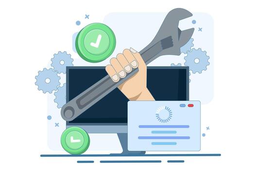 52296149 en fonctionnement systeme reparation et entretien concept main a venir en dehors de portable ecran et en portant cle technicien ingenieur il soutien concept vectoriel